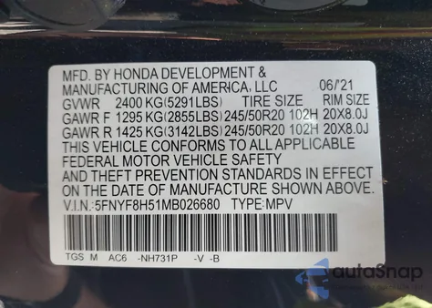 2021 Honda Passport Awd Ex-L из США, поврежденный, VIN 5FNYF8H51MB026680